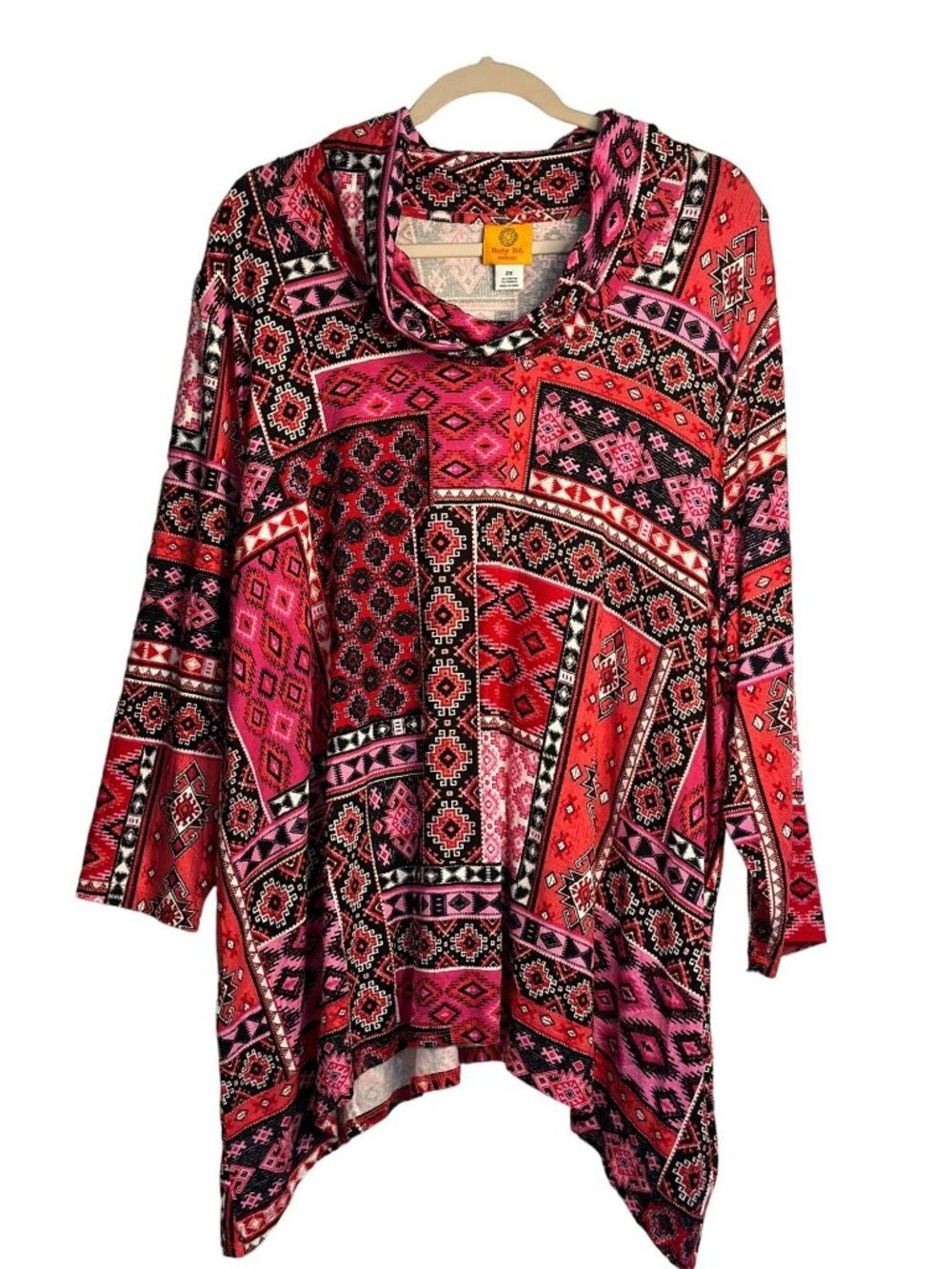Ruby Rd 2X Red Pink Stretch Cowl Neck Tunic Top 3/4 Sleeve Casual Chic Blouse